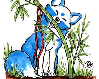 Arca el zorro en el grabado de arte del bosque de bambú, dibujo de animales del bosque, ilustración de decoración del hogar del zorro azul, pared de arte oc, regalos para los amantes del zorro