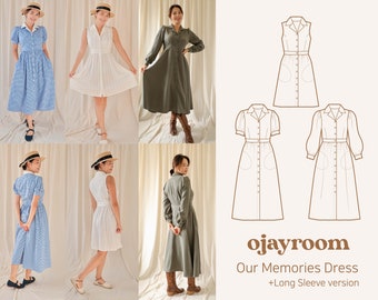 Frühling, Sommer, Herbst, Winter, Frauen geknöpft, Vintage Kleid, Seitentasche, Raffung Rock PDF A4, A0 Schnittmuster, Video, Foto-Anleitung