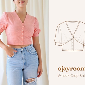 Camisas cortas con cuello en V, top corto con mangas abullonadas (OJSH0002) PDF A4, Carta, Patrones de costura A0, (Total XXS ~ XXXL 8 tamaños) +Video Tutorial