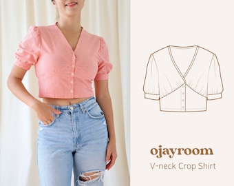 V-neck Crop Shirts, Crop Top with Puff Sleeves(OJSH0002) PDF A4, Letter, A0 Sewing Patterns, (Total XXS~XXXL 8 Sizes) +Video Tutorial