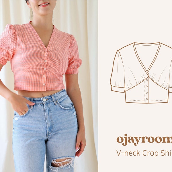 V-neck Crop Shirts, Crop Top with Puff Sleeves(OJSH0002) PDF A4, Letter, A0 Sewing Patterns, (Total XXS~XXXL 8 Sizes) +Video Tutorial