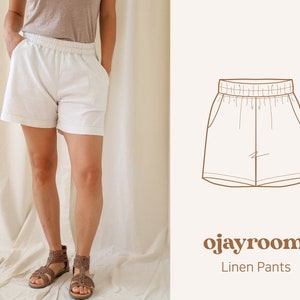 Calças elásticas de linho, shorts confortáveis (OJPT0001) PDF A4, Carta, A0 Padrões de costura, (XXS ~ XXXL 8 tamanhos) + Tutorial em vídeo, instruções fotográficas