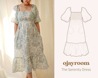 Super Comfy Shirred Cottagecore Dress, Maternity Dress(OJDR0020) PDF A4,A0,LETTER Sewing Patterns(10 Sizes) Video, Photo Tutorial