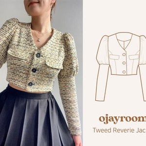 Jaqueta de tweed reverie cortada de primavera (OJJK0004) PDF A4, A0, padrões de costura de CARTA (8 tamanhos) + vídeo, tutorial de fotos