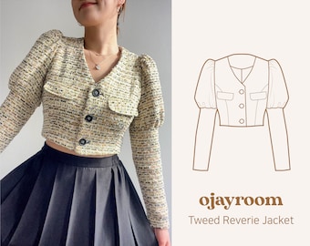 Spring Cropped Tweed Reverie Jacket(OJJK0004) PDF A4,A0,LETTER Sewing Patterns(8 Sizes) +Video, Photos Tutorial