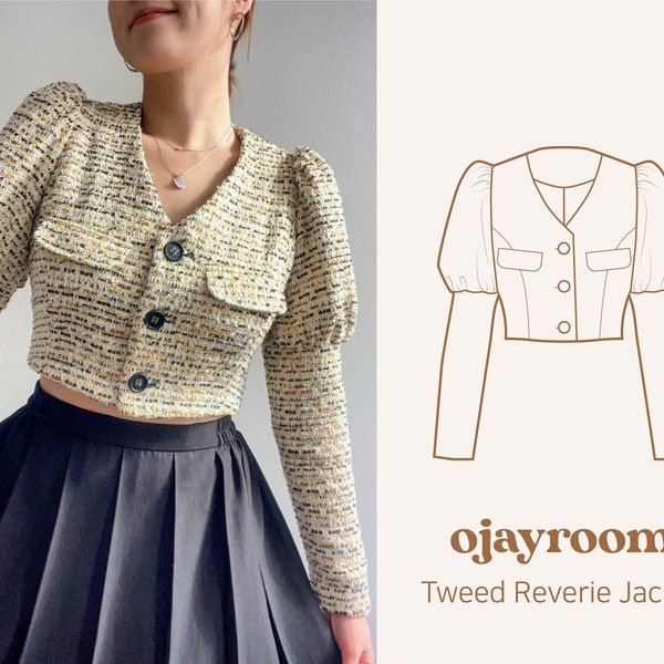 Spring Cropped Tweed Reverie Jacket(OJJK0004) PDF A4,A0,LETTER Sewing Patterns(8 Sizes) +Video, Photos Tutorial