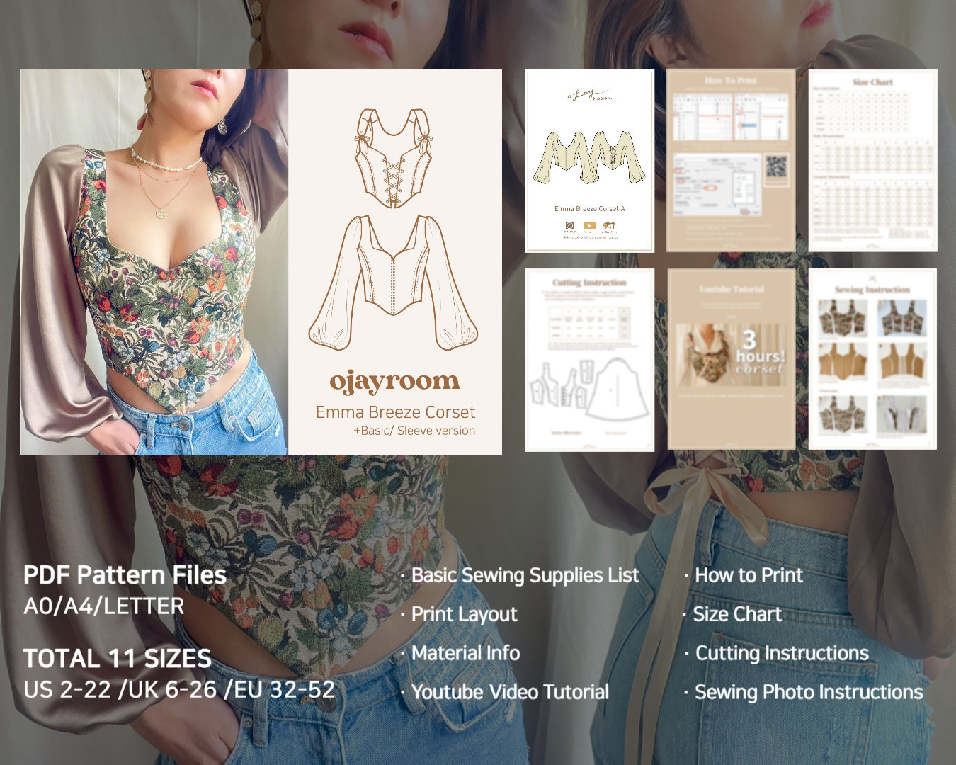Romantic Cottagecore Corset Top +with Sleeve(ojco0001) PDF Romantic Cottagecore Corset Top +with Sleeve(ojco0001) PDF