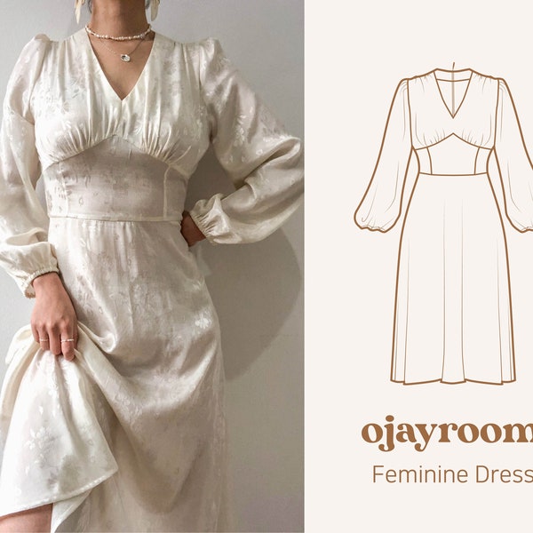 Feminine Dress, Vintage Princess Wedding Dress(OJDR0013), PDF A4, Letter, A0 Sewing Patterns, (Total XXS~XXXL 8 Sizes) +Video Tutorial