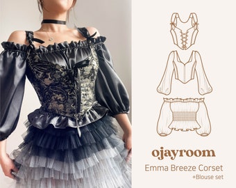 Corset Cottagecore romantique 2 options + ensemble de chemisiers intérieurs PDF A4, A0, LETTRE Patrons de couture (8 tailles) + vidéo, tutoriel photos