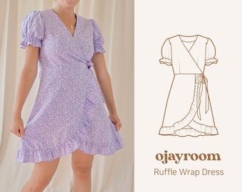 Ruffle Wrap Dress, +2 Designs of Sleeves(OJDR0010) PDF A4,Letter,A0 Sewing Patterns(Total XXS~XXXL 8 Sizes) +Video Tutorial