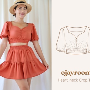 Top corto con cuello de corazón, top elástico con mangas abullonadas (OJTS0003) PDF A4, Carta, Patrones de costura A0, (Total XXS ~ XXXL 8 tamaños) +Video Tutorial