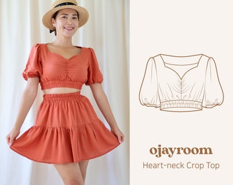 Heart Neck Crop Top, Elastic Top with Puff Sleeves(OJTS0003) PDF A4, Letter, A0 Sewing Patterns, (Total XXS~XXXL 8 Sizes) +Video Tutorial