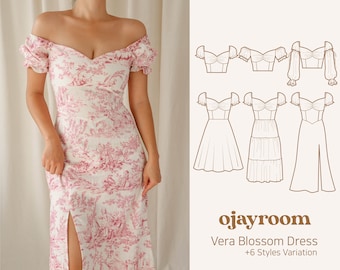 Frühling/Sommer Romactic Cottagecore Vera Blossom Dress 6 Styles (OJDR0015) PDF A4 / A0/LETTER Schnittmuster (8 Größen) + Video Anleitung