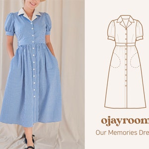 Vestido vintage con botones para vacaciones de verano, falda fruncida con bolsillo lateral (OJDR0017) PDF A4,A0, patrones de costura LETTER (8 tamaños) Video, tutorial fotográfico
