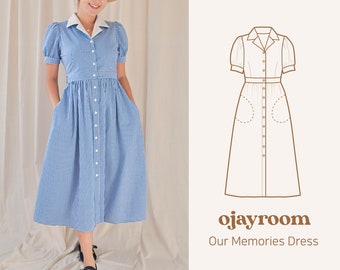 Summer Holiday Button-up Vintage Dress, Side Pocket Gathered Skirt(OJDR0017) PDF A4,A0,LETTER Sewing Patterns(8 Sizes) Video, Photo Tutorial