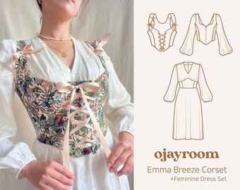 Romantic Cottagecore Corset 2 options+Dress Set PDF A4,A0,LETTER Sewing Patterns(8 Sizes) +Video, Photos Tutorial