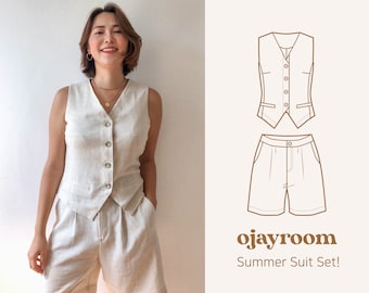 Summer Suit Set! Waistcoat Vest and Shorts Pdf Sewing Pattern A4, LETTER, A0(Total XXS~XXXL 8 Sizes) +Video Tutorial