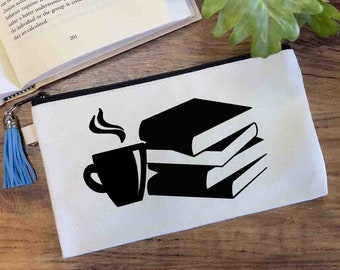 Coffee And Book Small Canvas Pouch Bag, Book Lover Zipper Pouch, Pencil Case, Book Lover Gift
