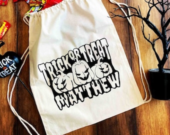 Trick Or Treat Halloween Drawstring Bag, Custom Names, Personalized Bag, Goody Candy Bag, Kids, Teenagers