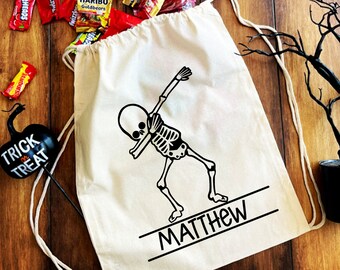 Trick Or Treat Candy Bag, Skeleton Dab Halloween Drawstring Backpack, Cotton Drawstring, kids, tween teenager, custom bag, add your name