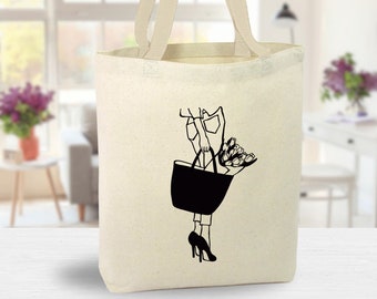 Woman Flower Shopping Canvas Tote Bag, plant lady, reusable bag, gift for her