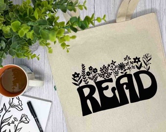 Read Floral Recycled Canvas Tote Bag, Book Lover, Gift For Reader, Everyday Tote Bag, Heavy Duty Canvas Bag, Reusable Bag, Book Lover Gift