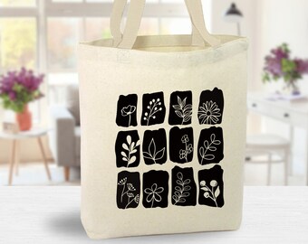 Flower Signets Canvas Tote Bag, wildflowers design art, reusable bag, abstract design, plant lover, gift for her, gift for mom
