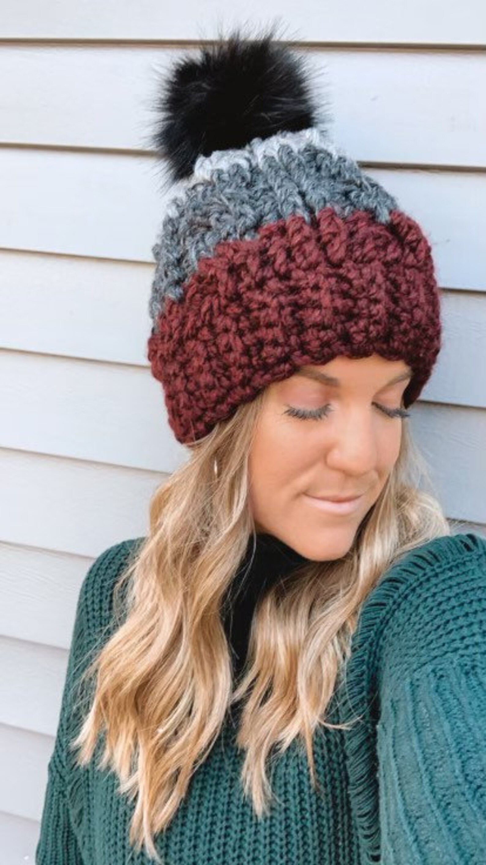 Beautiful tri colored beanie with pom. Etsy