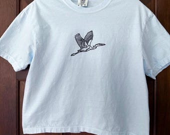 Block Printed Great Blue Heron Crop Top