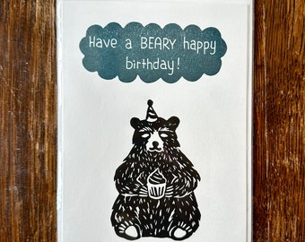 Handmade block printed bear birthday card