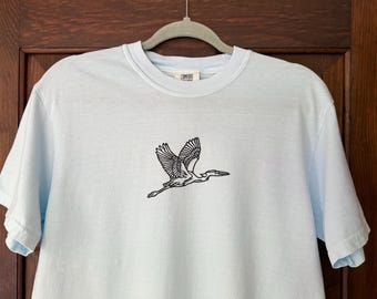 Block Printed Great Blue Heron Adult Unisex T Shirt