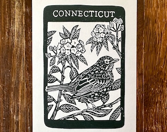 Connecticut state bird & flower block print