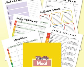 May include: A collection of white paper sheets featuring various weekly meal planner templates with black text, colorful accents, and sections for breakfast, lunch, dinner, and water intake. A yellow square card with the text Weekly Meal Planners is centered.