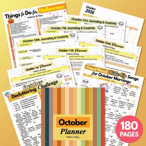 May include: A collection of printable October planner pages featuring a vertical striped cover labeled October Planner. The sheets include a Things to Do for Halloween list, daily journaling prompts, decluttering challenges, and a Good Mood Wake-Up Songs calendar.