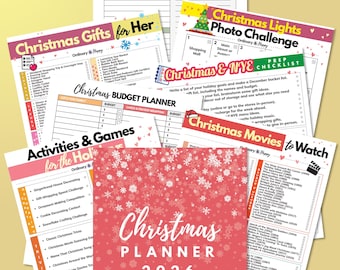 May include: A collection of printed Christmas planner pages including a dinner planner, gift list, photo challenge, budget tracker, prep checklist, activities and games, and a movie list, topped with a red cover titled Christmas Planner 2026.
