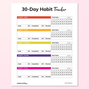 May include: A 30-Day Habit Tracker printable sheet featuring five rows for tracking habits. Each row includes a colored header, a space for the habit name, a numbered grid from 1 to 30, and fields for goal, completed, and reward. Text includes Ordinary & Happy.