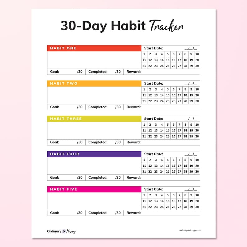 May include: A 30-Day Habit Tracker printable sheet featuring five rows for tracking habits. Each row includes a colored header, a space for the habit name, a numbered grid from 1 to 30, and fields for goal, completed, and reward. Text includes Ordinary & Happy.