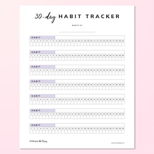 May include: A white 30-day habit tracker sheet with black text and light purple accents. The page features a header reading 30-day HABIT TRACKER, a line for the month, and seven rows for habits, each with numbered boxes from 1 to 30.