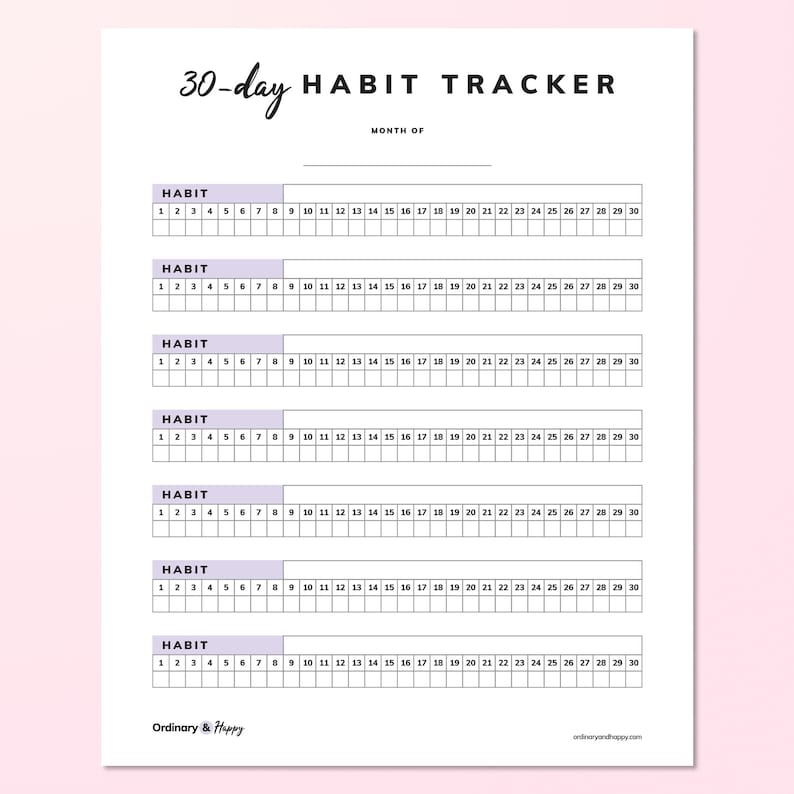 May include: A white 30-day habit tracker sheet with black text and light purple accents. The page features a header reading 30-day HABIT TRACKER, a line for the month, and seven rows for habits, each with numbered boxes from 1 to 30.