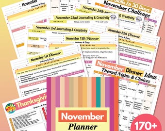 May include: A November planner with a vertical striped cover in shades of pink, orange, yellow, and teal. The cover features a central yellow rectangle with the text November Planner. Behind the cover are various printed planner pages.