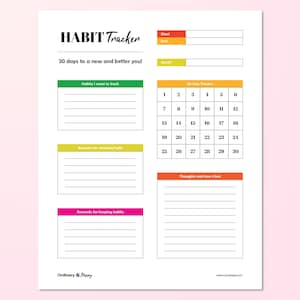 May include: A white paper habit tracker sheet with black text reading HABIT Tracker, 30 days to a new and better you, and Ordinary & Happy. It features colorful sections for habits, reasons, rewards, a 30-day calendar, and thoughts and how I feel.