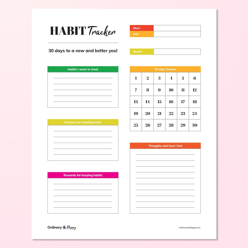 May include: A white paper habit tracker sheet with black text reading HABIT Tracker, 30 days to a new and better you, and Ordinary & Happy. It features colorful sections for habits, reasons, rewards, a 30-day calendar, and thoughts and how I feel.