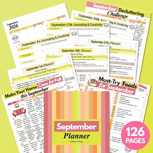 Peut inclure: Une collection de pages de planificateur pour septembre 2026 avec des invites de journalisation quotidienne, des défis de désencombrement et des listes d'aliments saisonniers. Les feuilles incluent des titres comme September Decluttering Challenge, Must-Try Foods for September et Make Your Home Cozy for Fall.