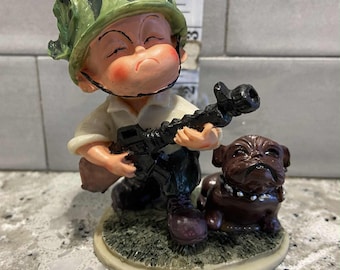 Collectible Resin figurine of an army boy and his pug dog