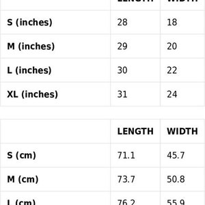 May include: Size guide for a garment with measurements in inches and centimeters. The table shows the length and width of the garment in different sizes: S, M, L, and XL.