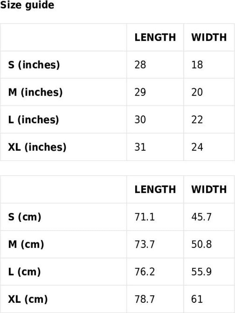 May include: Size guide for a garment with measurements in inches and centimeters. The table shows the length and width of the garment in different sizes: S, M, L, and XL.