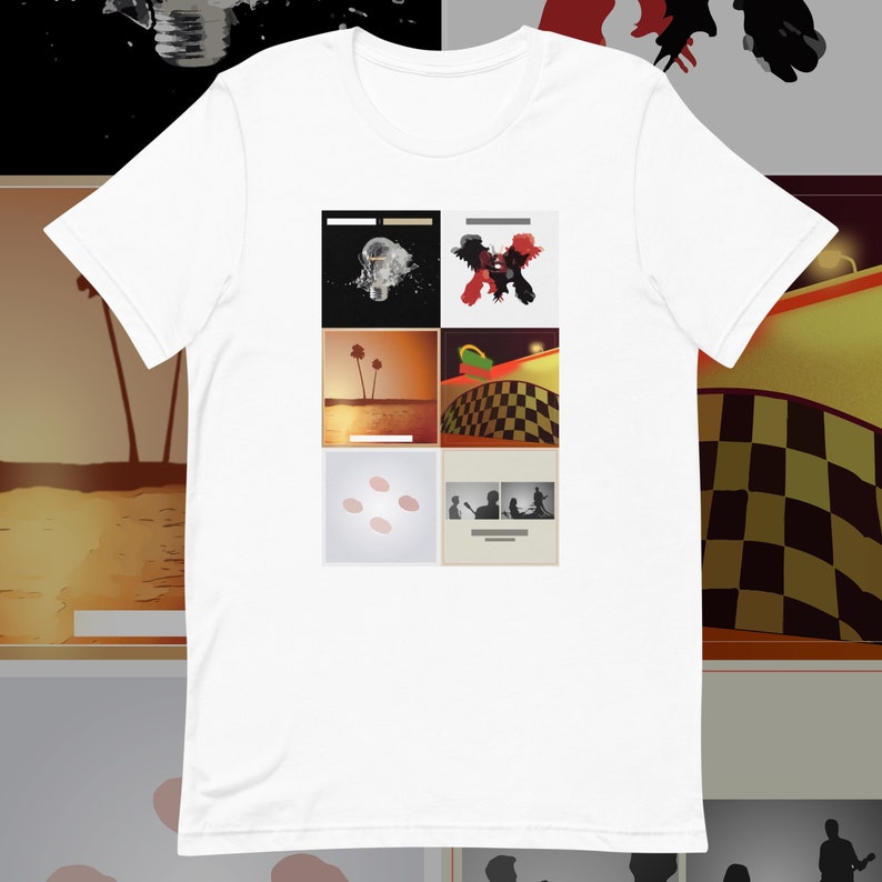 Puede incluir: Una camiseta blanca con un collage de seis im&aacute;genes diferentes impresas en la parte delantera. Las im&aacute;genes est&aacute;n en un patr&oacute;n de cuadr&iacute;cula e incluyen una bombilla, una palmera, un patr&oacute;n de cuadros y una silueta de una persona.