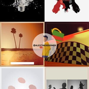 Puede incluir: Un collage de seis im&aacute;genes. La imagen superior izquierda muestra una bombilla rota con un fondo blanco. La imagen superior derecha muestra un dise&ntilde;o abstracto rojo y negro sobre un fondo blanco. La imagen inferior izquierda muestra una puesta de sol sobre una playa con dos palmeras. La imagen inferior derecha muestra un patr&oacute;n de cuadros con un letrero verde y amarillo. La imagen del medio izquierda muestra un c&iacute;rculo blanco con el texto "@ALEXTHEDESIGNER". La imagen del medio derecha muestra una silueta de una banda tocando m&uacute;sica.