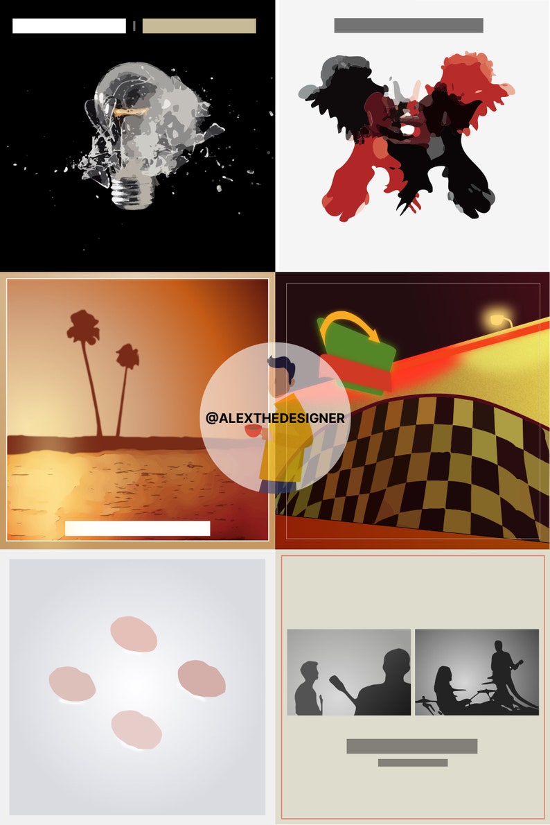 Puede incluir: Un collage de seis im&aacute;genes. La imagen superior izquierda muestra una bombilla rota con un fondo blanco. La imagen superior derecha muestra un dise&ntilde;o abstracto rojo y negro sobre un fondo blanco. La imagen inferior izquierda muestra una puesta de sol sobre una playa con dos palmeras. La imagen inferior derecha muestra un patr&oacute;n de cuadros con un letrero verde y amarillo. La imagen del medio izquierda muestra un c&iacute;rculo blanco con el texto "@ALEXTHEDESIGNER". La imagen del medio derecha muestra una silueta de una banda tocando m&uacute;sica.