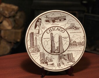 Chicago Fine American Ironstone Decorative State Plate Collectible Souvenir | Vintage Wall Decor | Sears Tower, Hancock Center | Black White